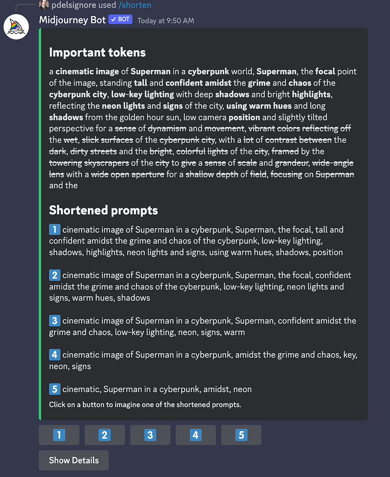 Screenshot of shortened prompts in Midjourney