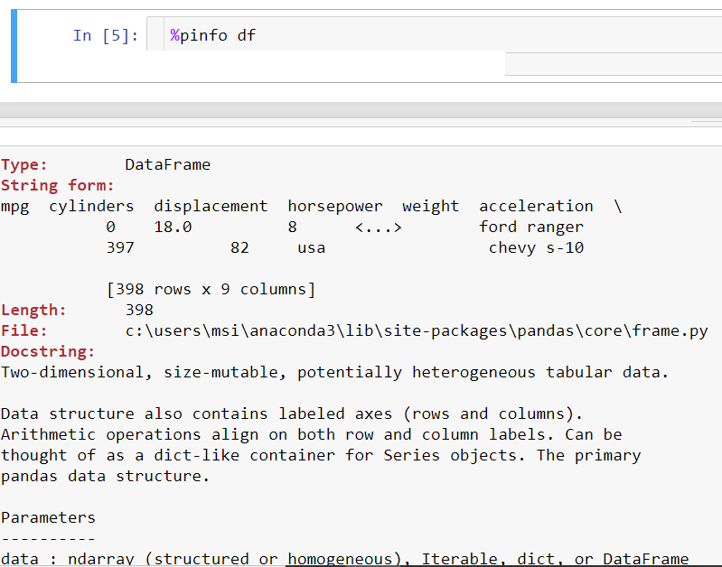 Detailed information about objects in Jupyter Notebook