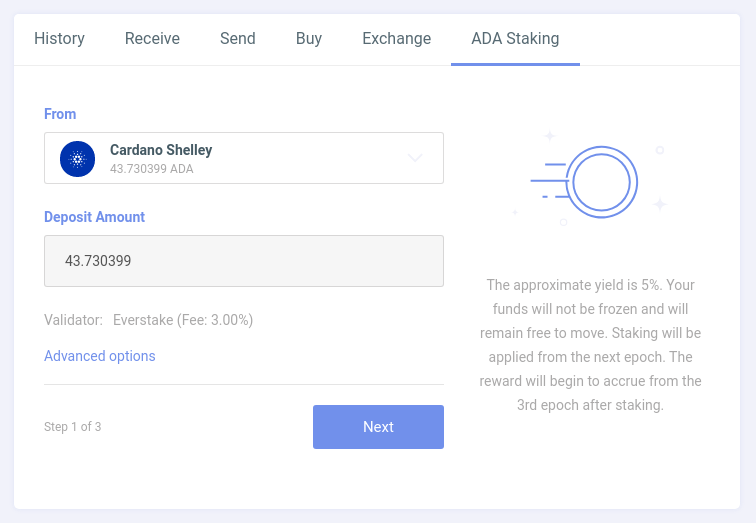 Confirmation screen for staking ADA