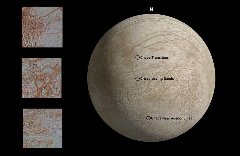 Detailed surface markings of Europa captured by NASA.