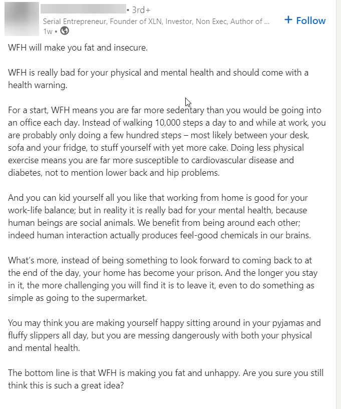 Screenshot of a LinkedIn post about remote work challenges