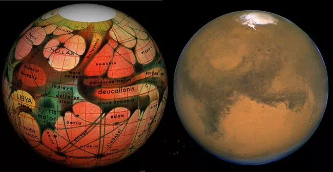 Comparison of Lowell's canal map and Hubble's image of Mars