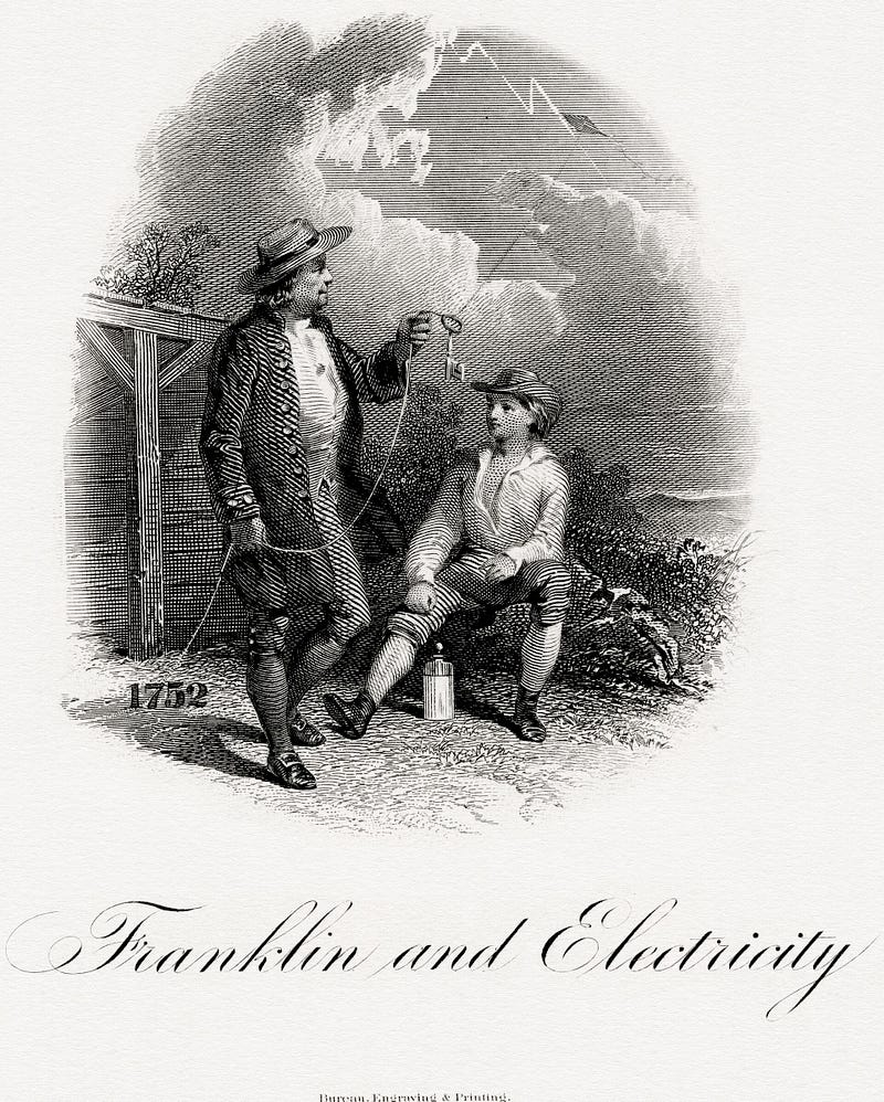 Franklin's experiment with a kite during a thunderstorm